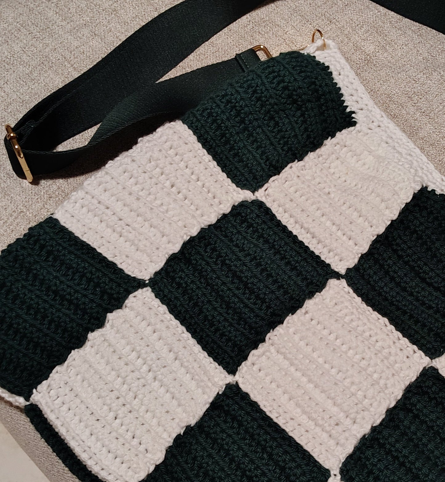 Handmade Crochet Checkerboard Shoulder Bag | Green & Cream Lined Purse with Adjustable Strap