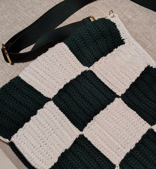 Handmade Crochet Checkerboard Shoulder Bag | Green & Cream Lined Purse with Adjustable Strap