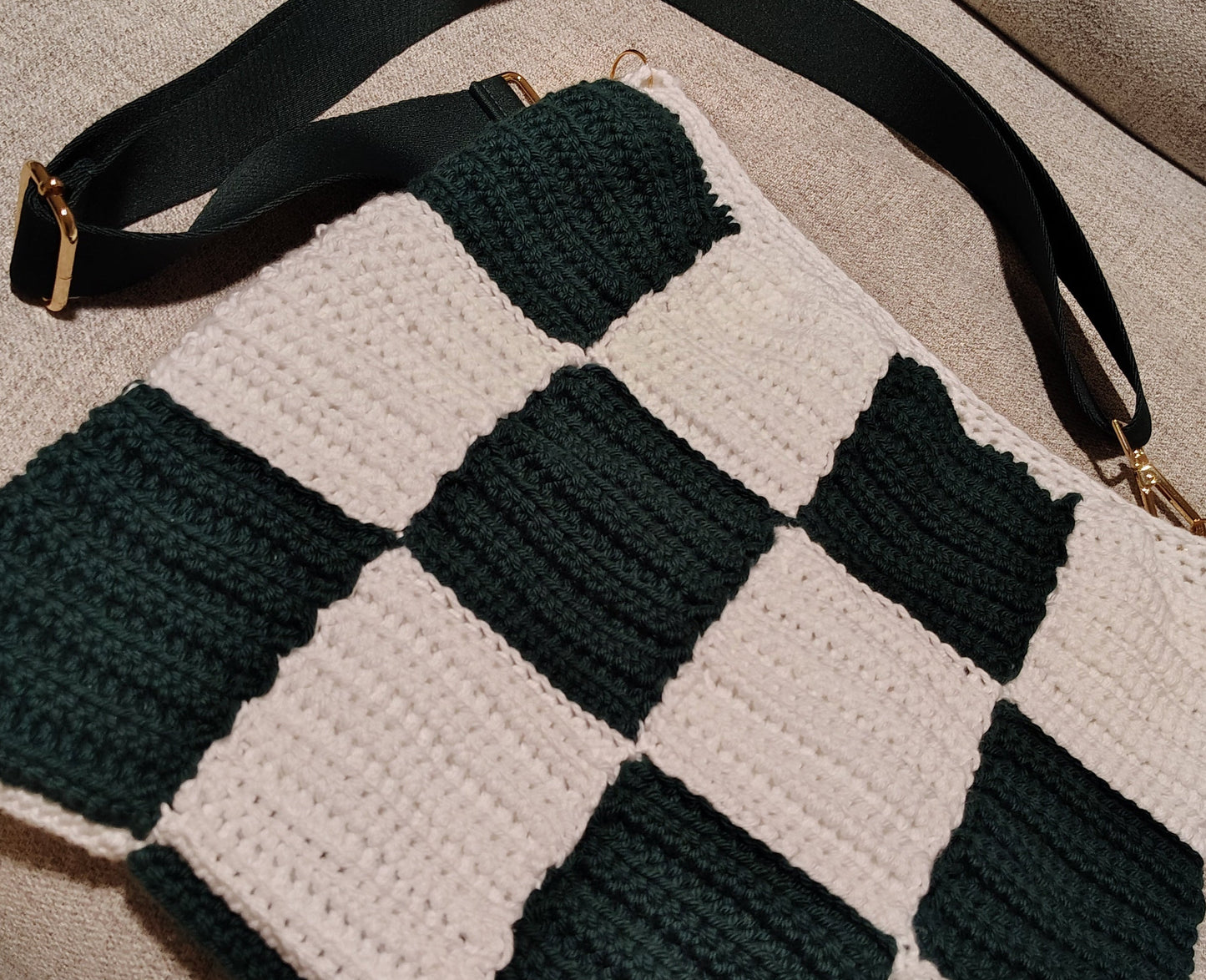 Handmade Crochet Checkerboard Shoulder Bag | Green & Cream Lined Purse with Adjustable Strap