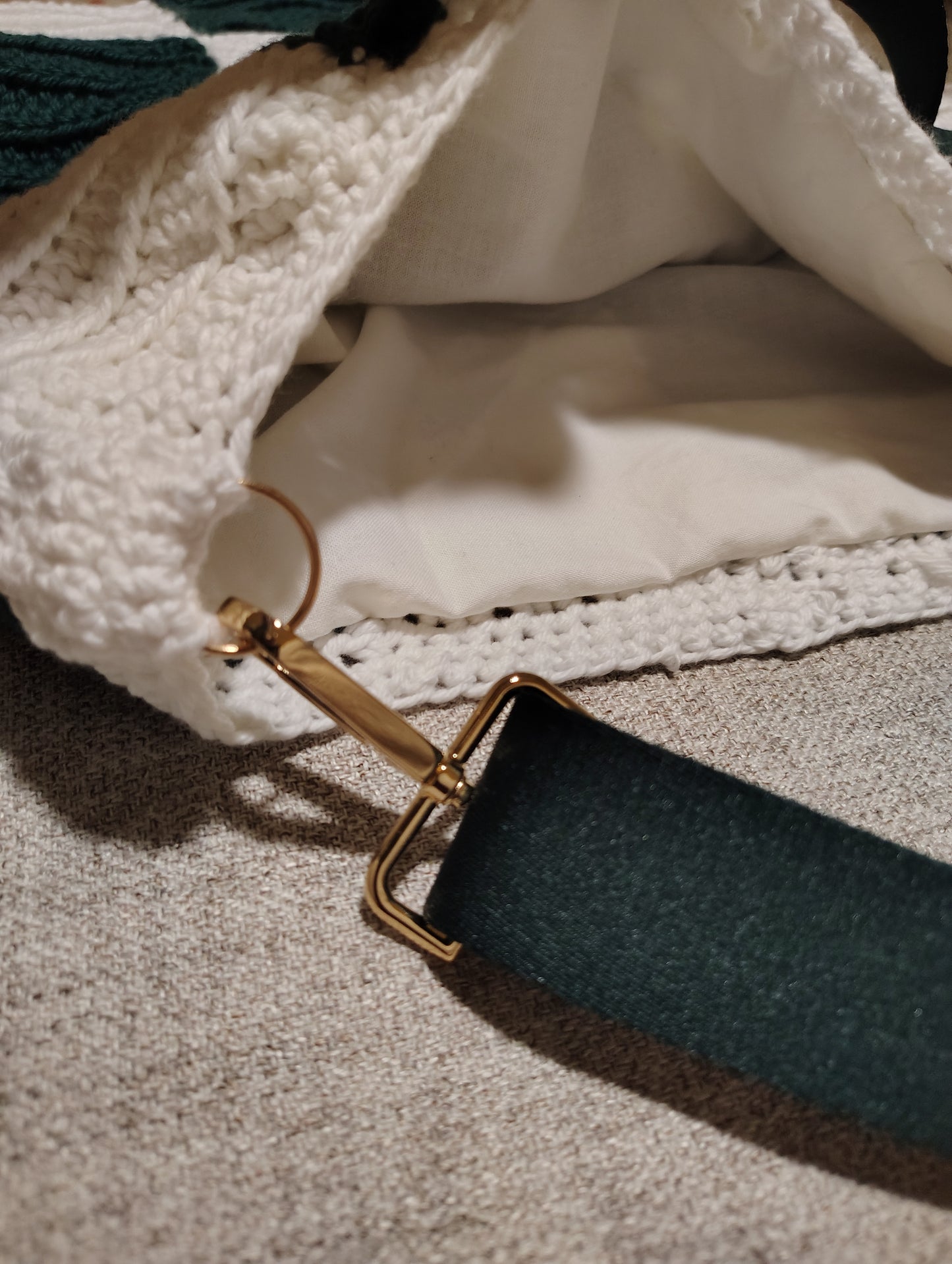 Handmade Crochet Checkerboard Shoulder Bag | Green & Cream Lined Purse with Adjustable Strap